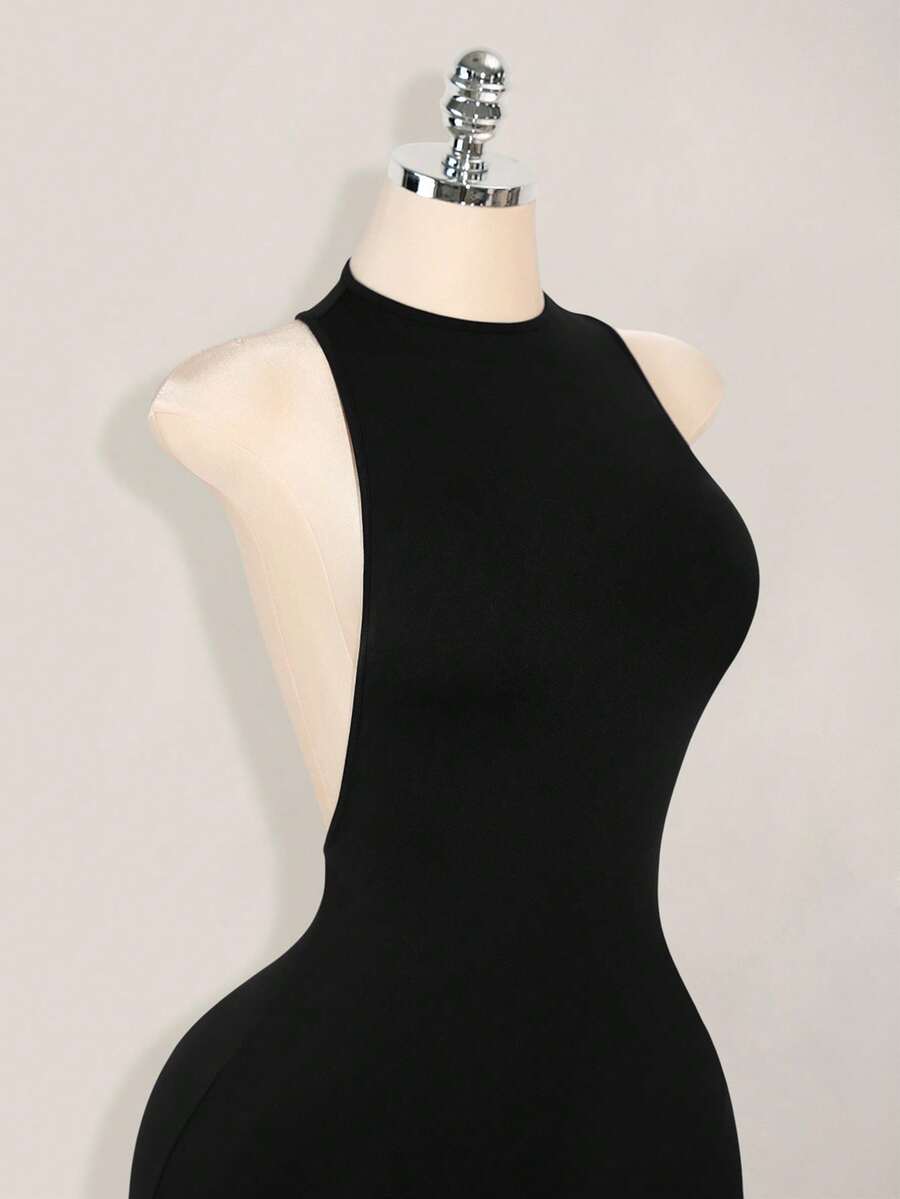 Apricot criss-cross backless bodycon mini dress for women featuring a round neck and rhinestone accent details.