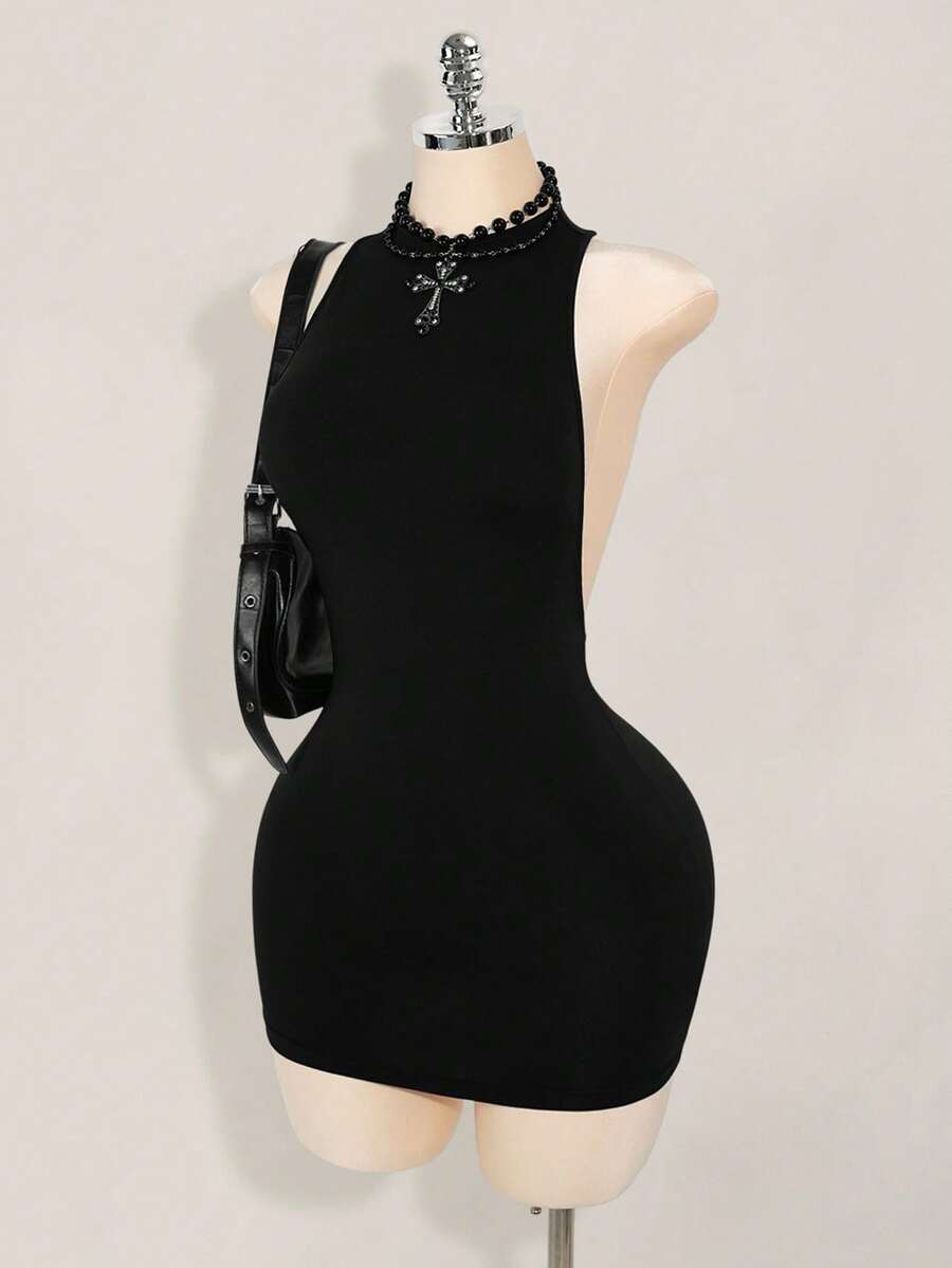 Apricot criss-cross backless bodycon mini dress for women featuring a round neck and rhinestone accent details.
