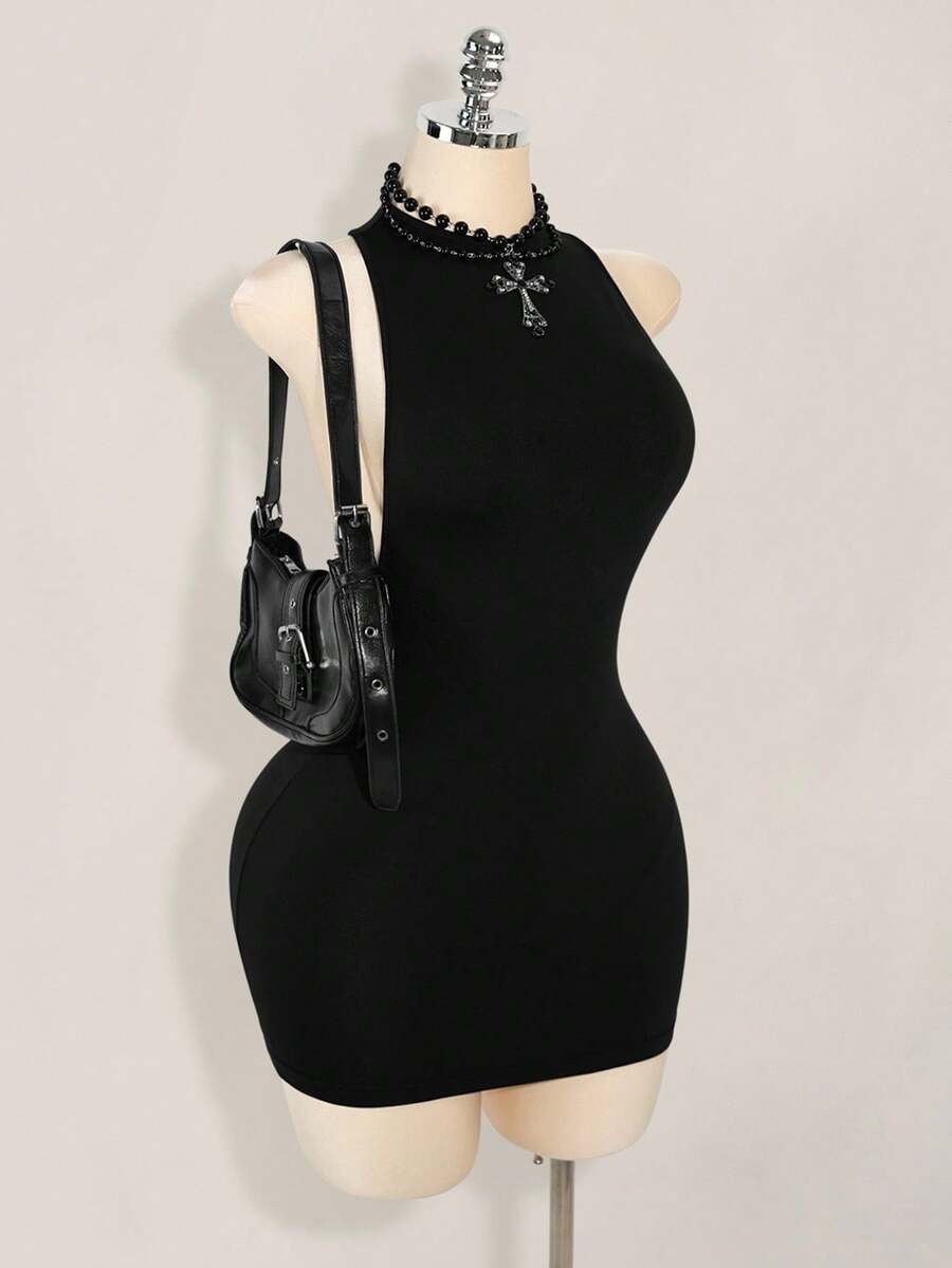 Apricot criss-cross backless bodycon mini dress for women featuring a round neck and rhinestone accent details.