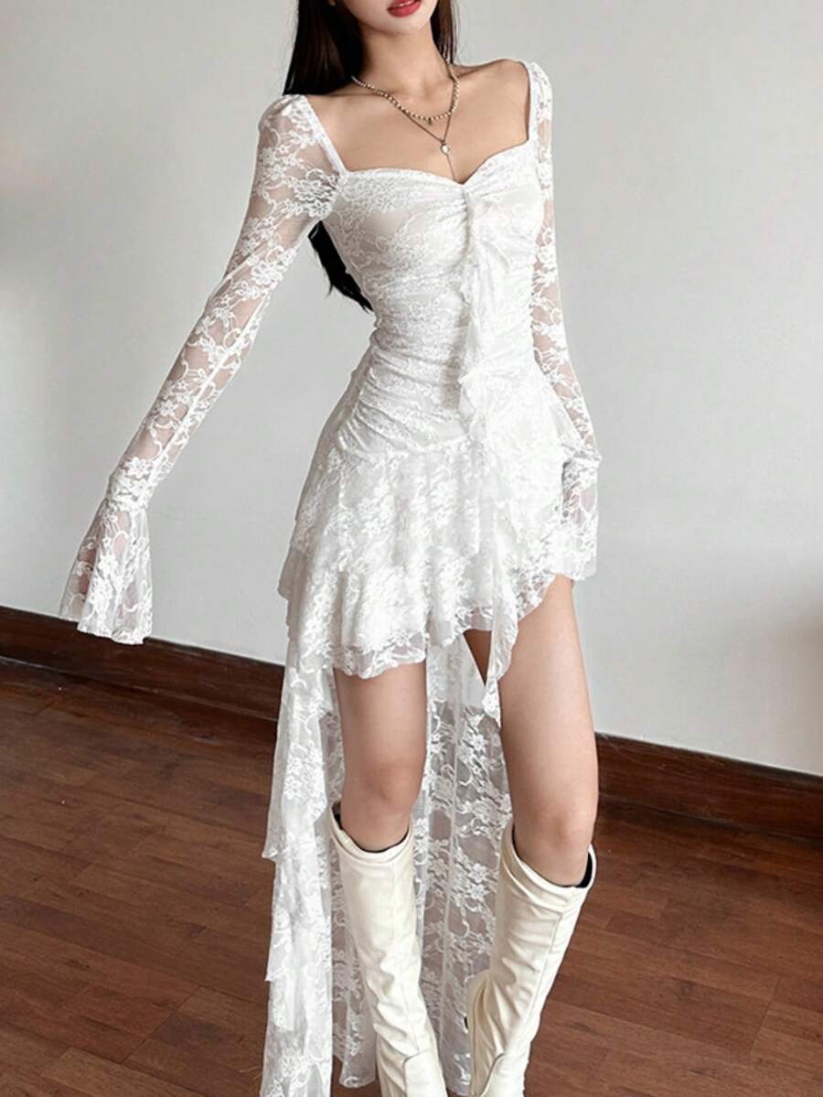 Women's solid color square neck midi dress with contrast lace patchwork, long flare sleeves, high waist, and an asymmetrical hem.