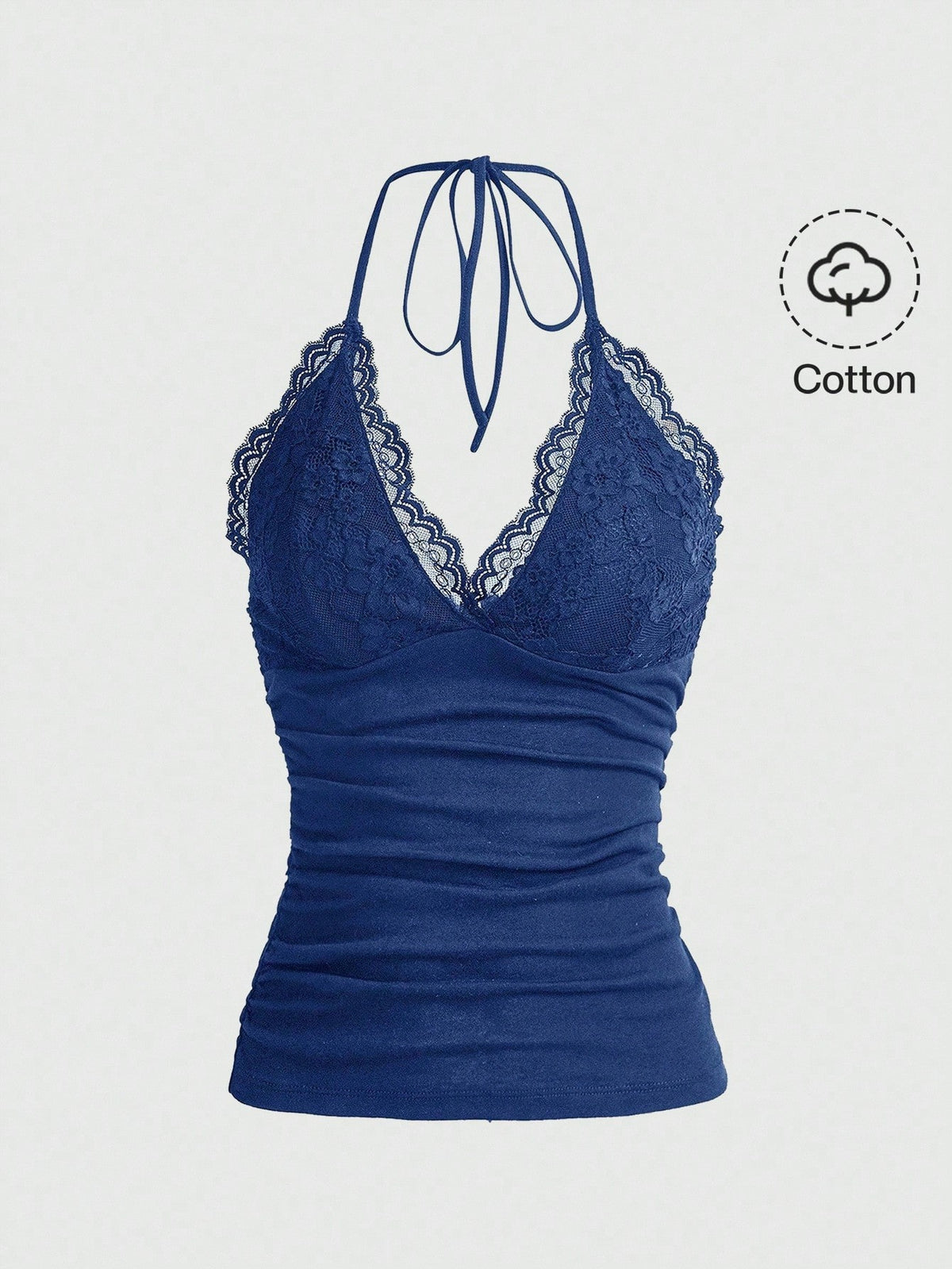 A women's black backless halter top featuring contrast lace trim, ruched front detail, and slim fit soft knitted fabric.
