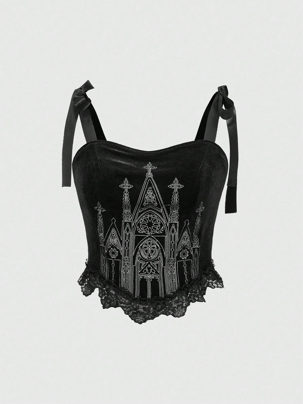 Black gothic velvet crop camisole for women featuring contrast lace trim, an asymmetrical hem, graphic print, and strap shoulder design.