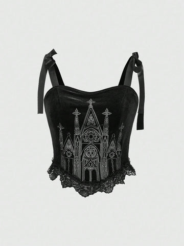 Black gothic velvet crop camisole for women featuring contrast lace trim, an asymmetrical hem, graphic print, and strap shoulder design.