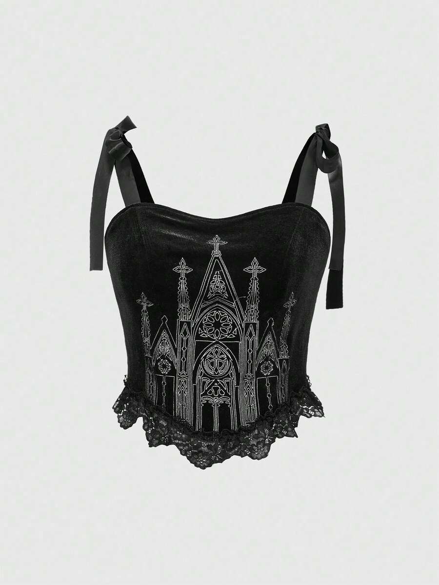 Black gothic velvet crop camisole for women featuring contrast lace trim, an asymmetrical hem, graphic print, and strap shoulder design.