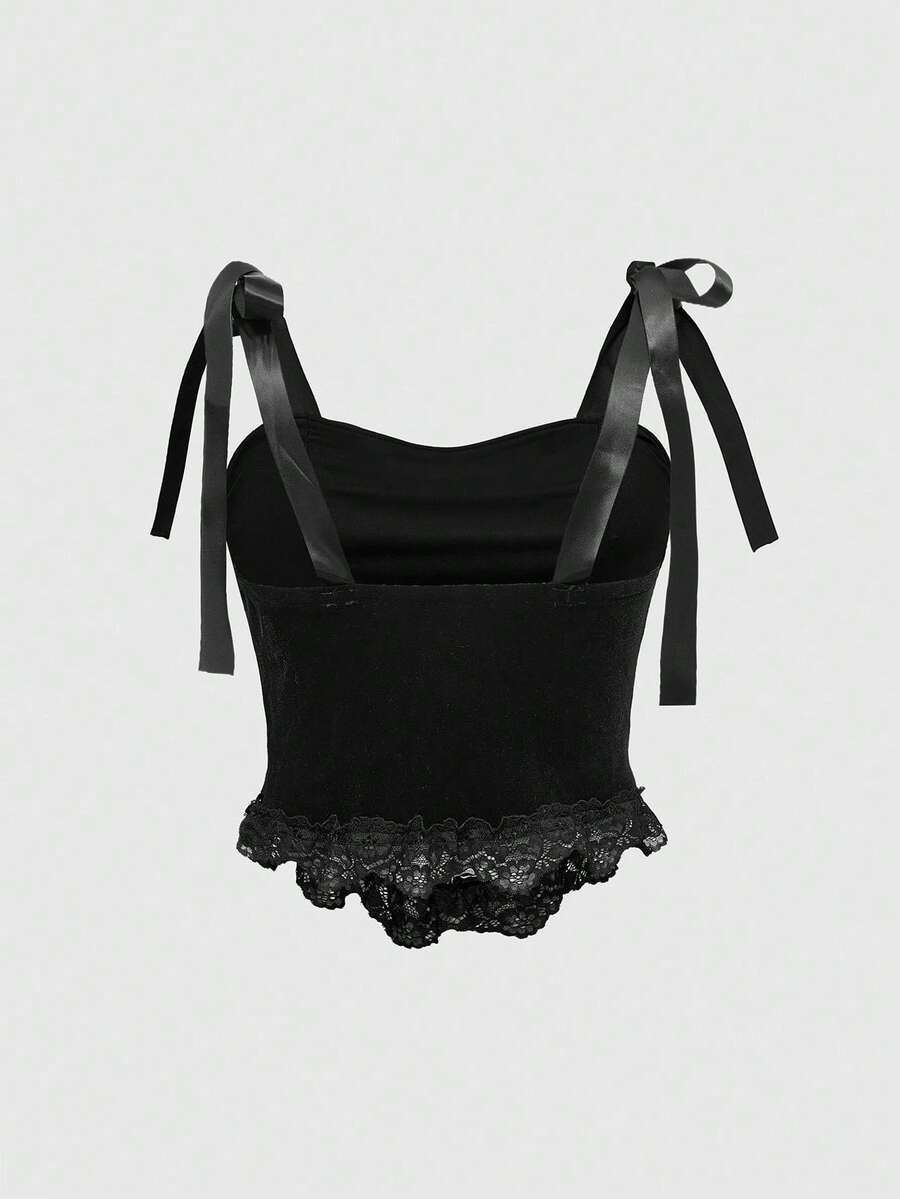 Black gothic velvet crop camisole for women featuring contrast lace trim, an asymmetrical hem, graphic print, and strap shoulder design.