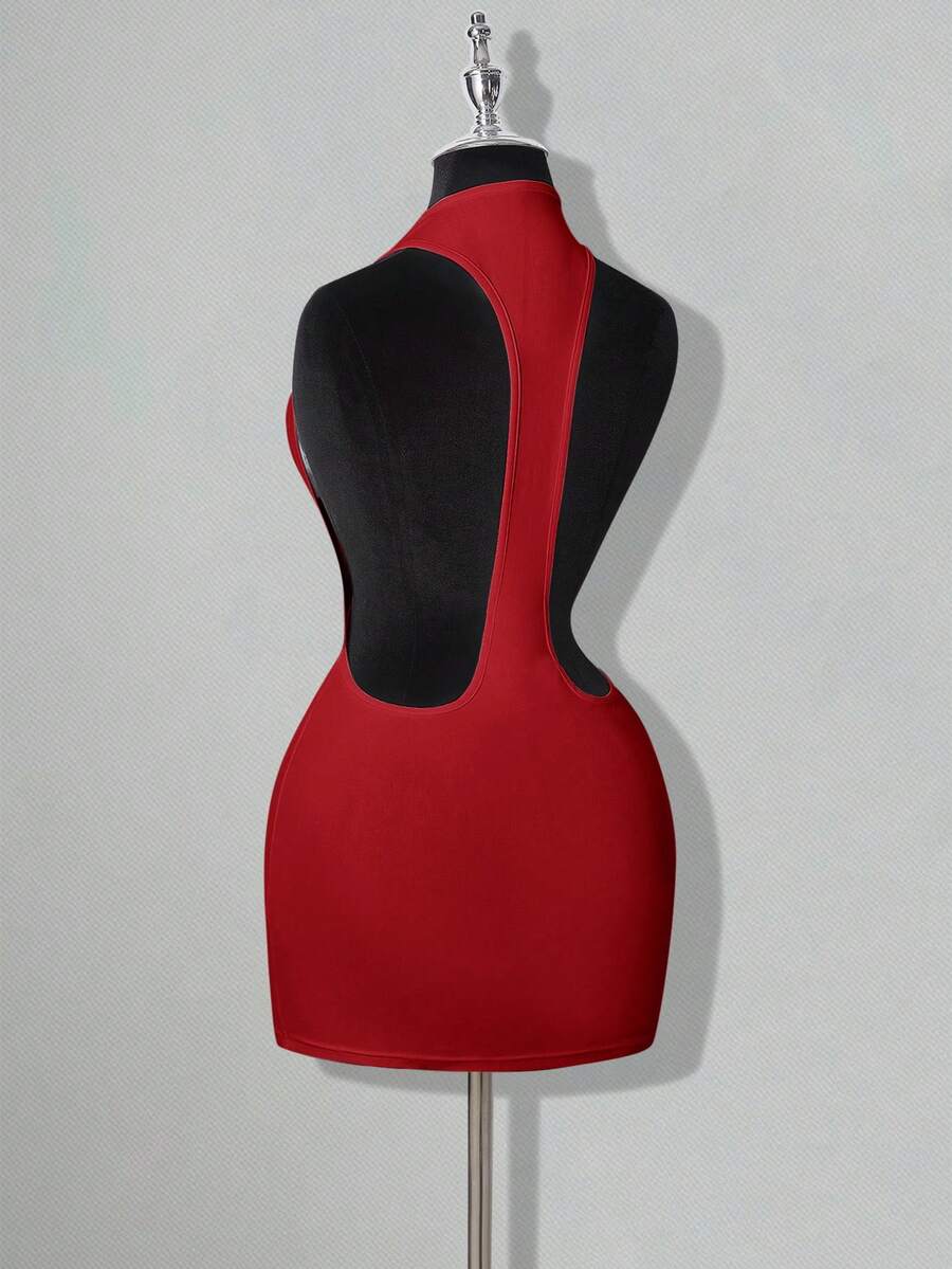 Apricot criss-cross backless bodycon mini dress for women featuring a round neck and rhinestone accent details.