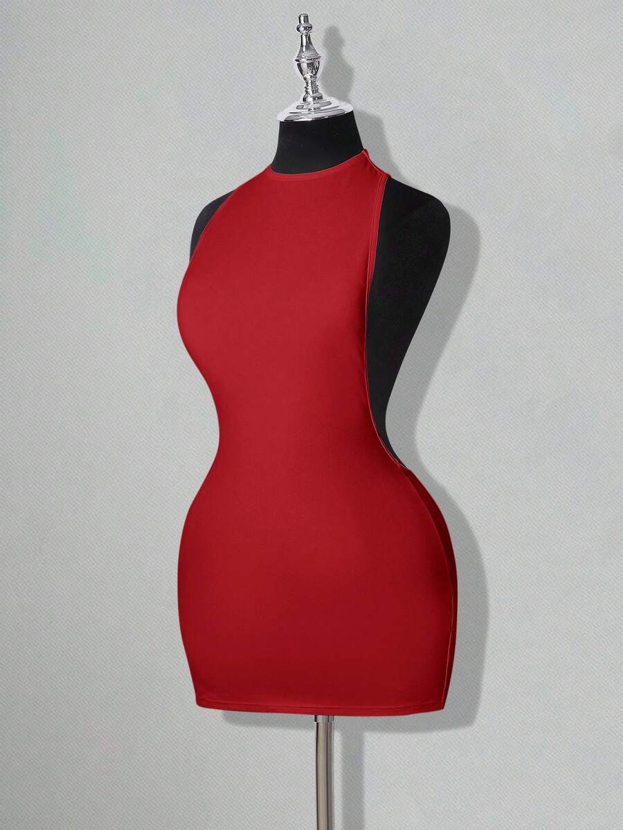 Apricot criss-cross backless bodycon mini dress for women featuring a round neck and rhinestone accent details.