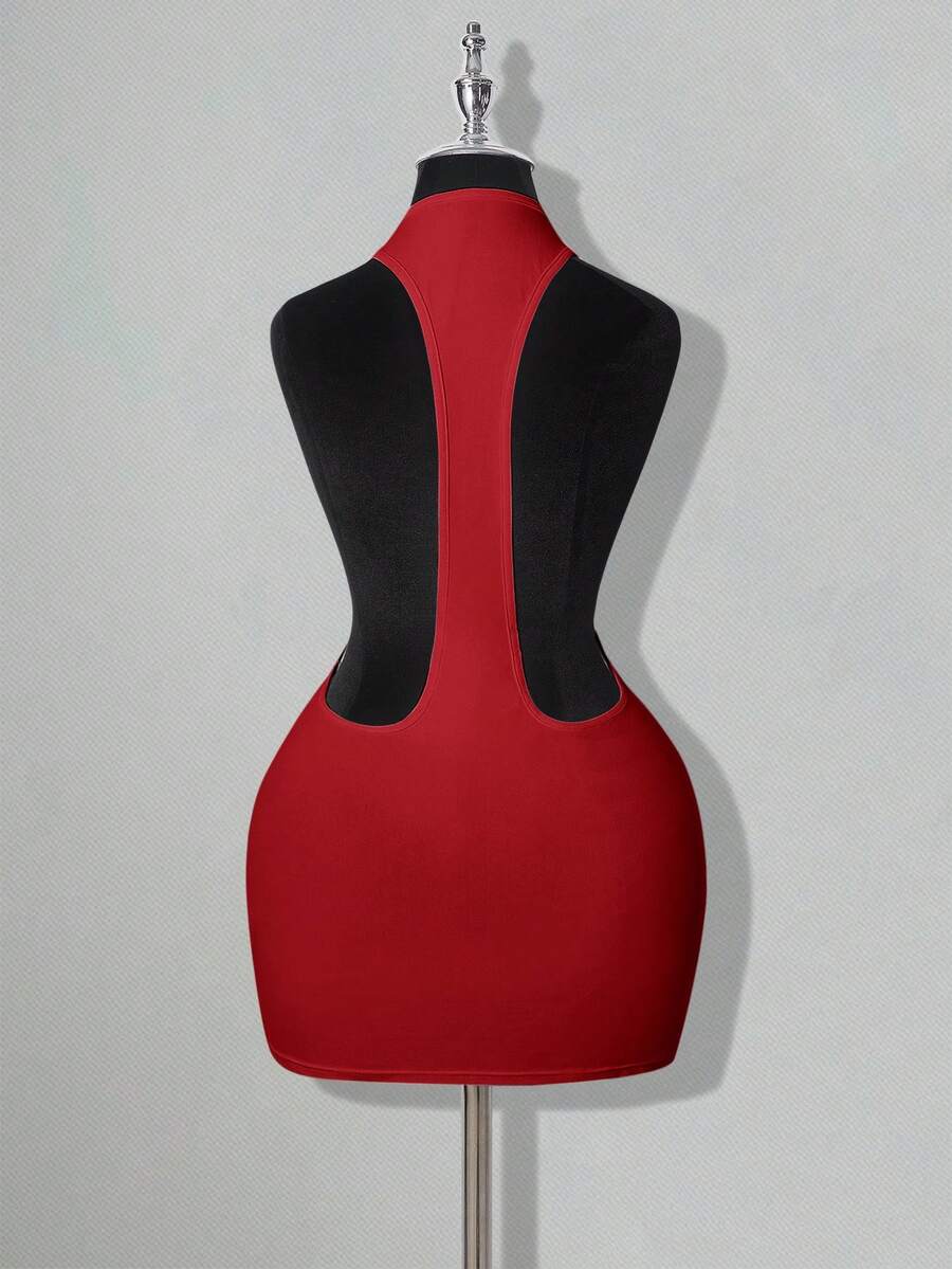 Apricot criss-cross backless bodycon mini dress for women featuring a round neck and rhinestone accent details.