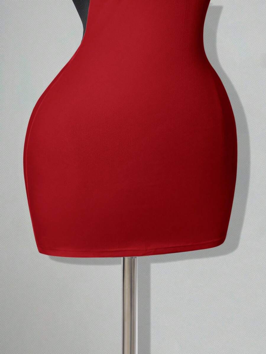 Apricot criss-cross backless bodycon mini dress for women featuring a round neck and rhinestone accent details.