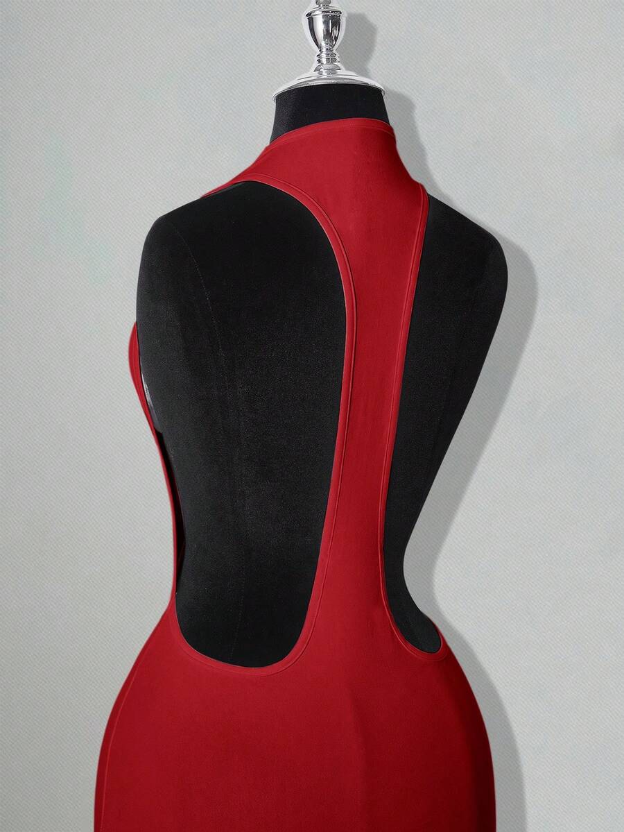 Apricot criss-cross backless bodycon mini dress for women featuring a round neck and rhinestone accent details.