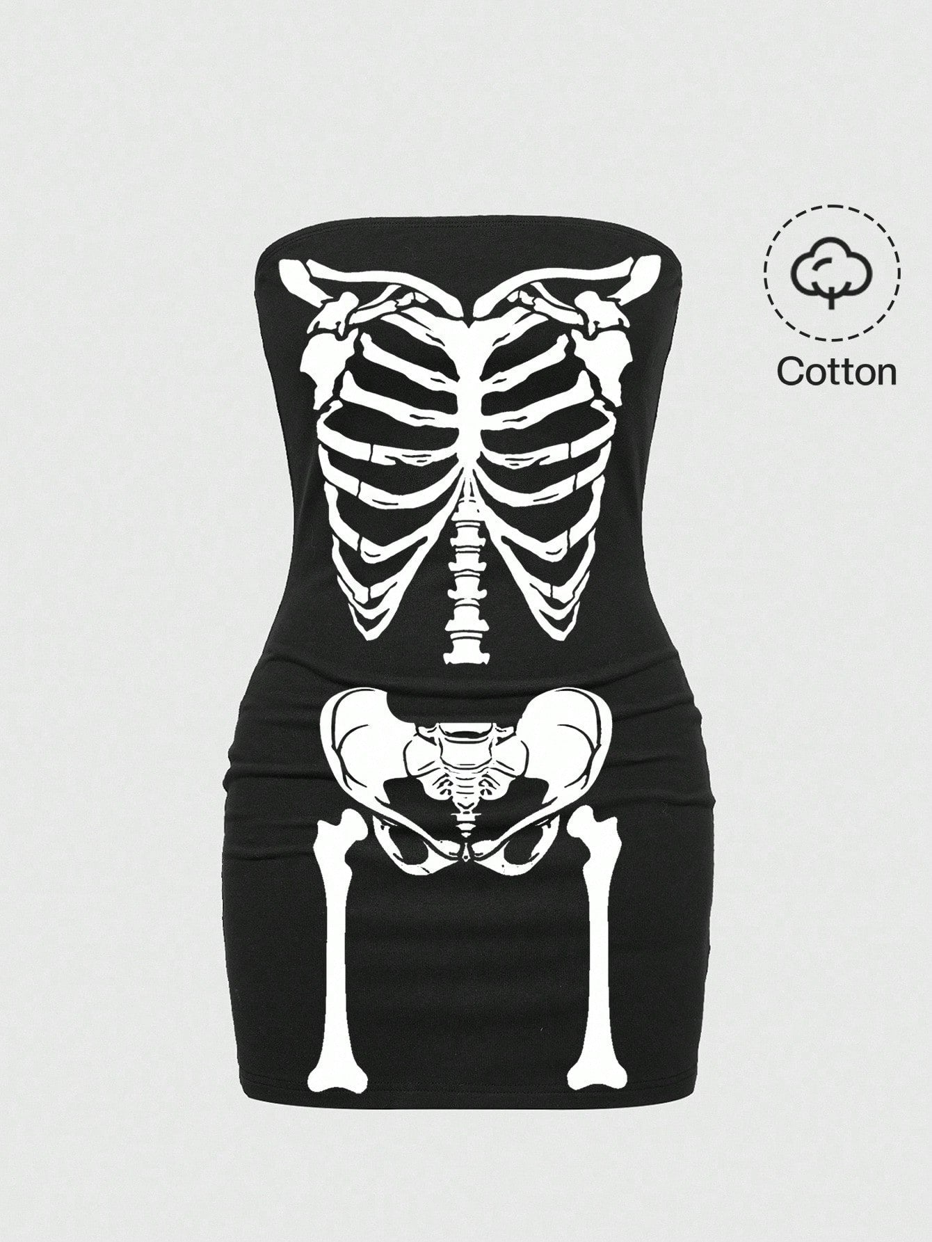 Black strapless backless bodycon mini dress for women featuring a Halloween skeleton print with rhinestone details.