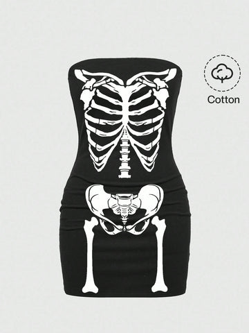 Black strapless backless bodycon mini dress for women featuring a Halloween skeleton print with rhinestone details.