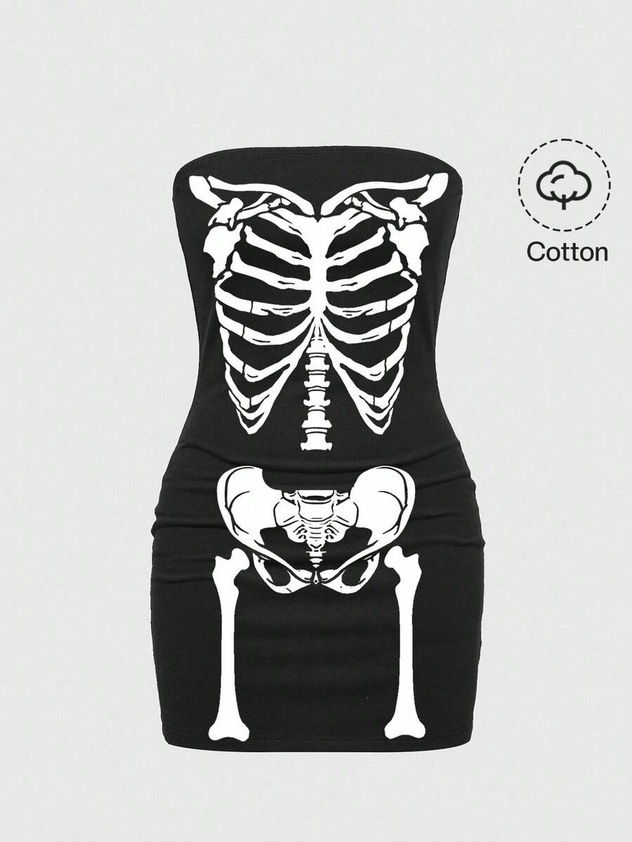 Black strapless backless bodycon mini dress for women featuring a Halloween skeleton print with rhinestone details.