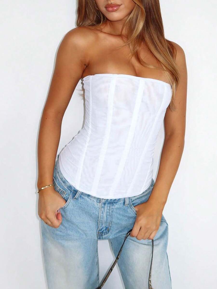 Women strapless bustier corset top with back zip, slim fit sleeveless plain design for night out and everyday styling.