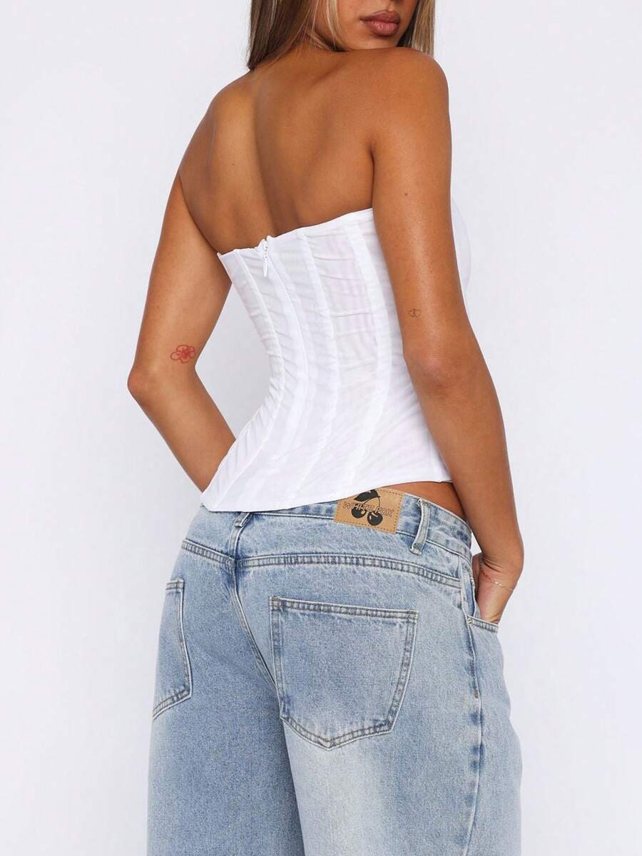 Women strapless bustier corset top with back zip, slim fit sleeveless plain design for night out and everyday styling.
