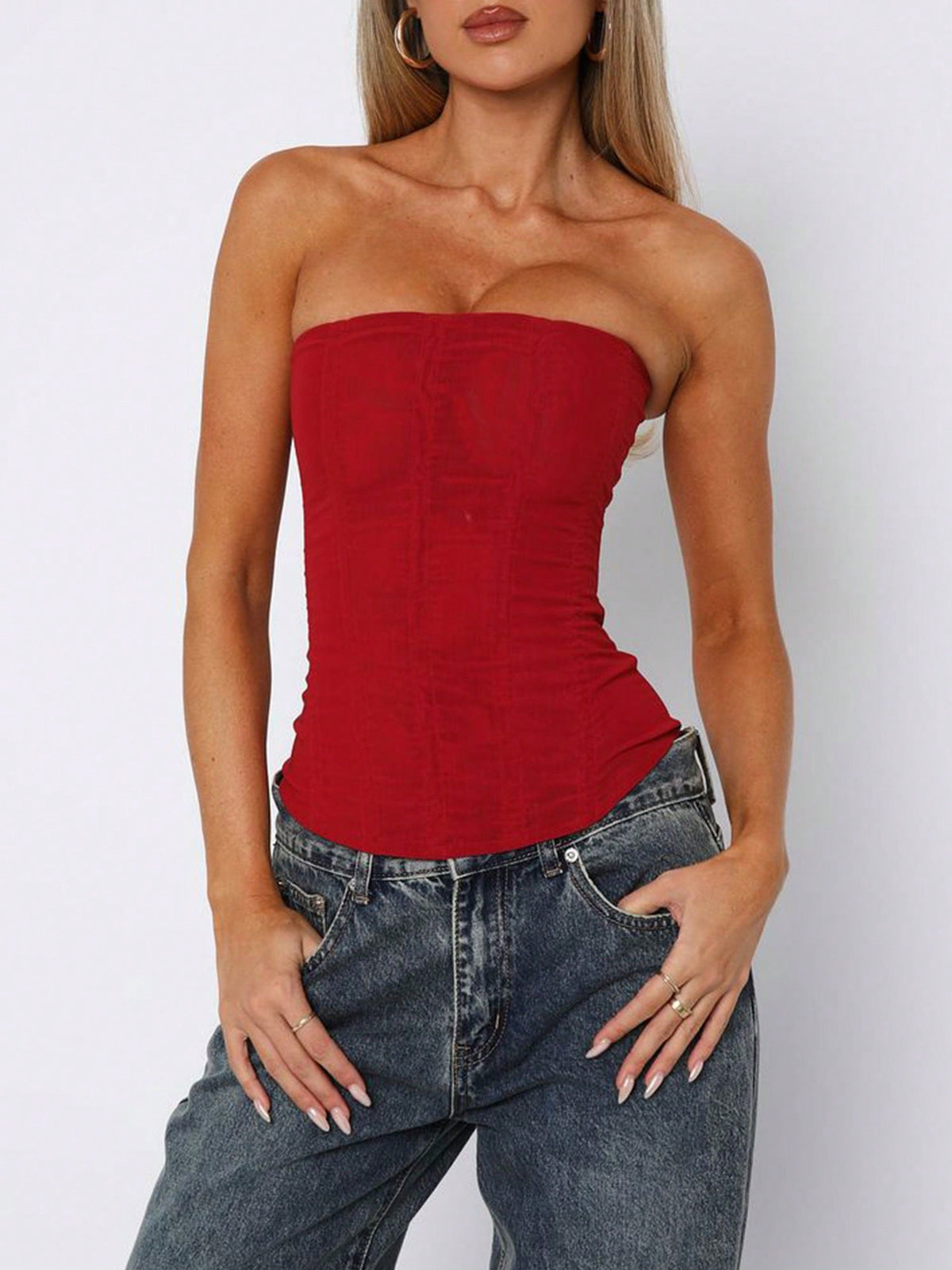 Women strapless bustier corset top with back zip, slim fit sleeveless plain design for night out and everyday styling.
