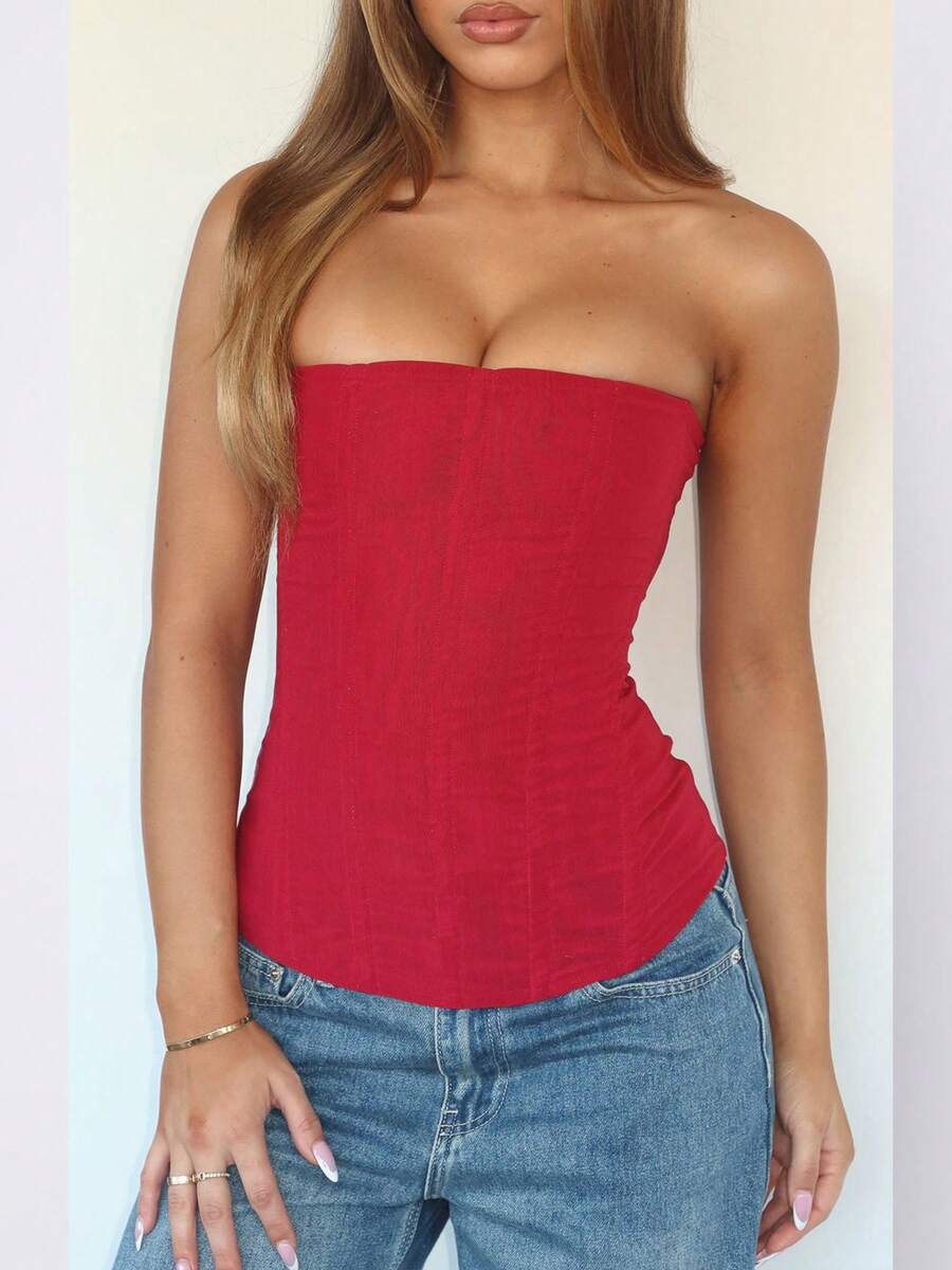 Women strapless bustier corset top with back zip, slim fit sleeveless plain design for night out and everyday styling.