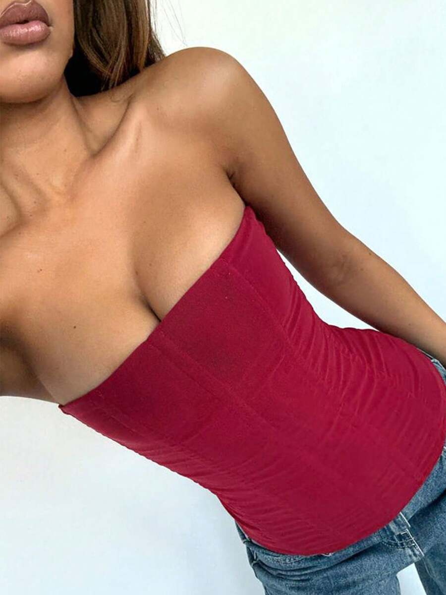Women strapless bustier corset top with back zip, slim fit sleeveless plain design for night out and everyday styling.