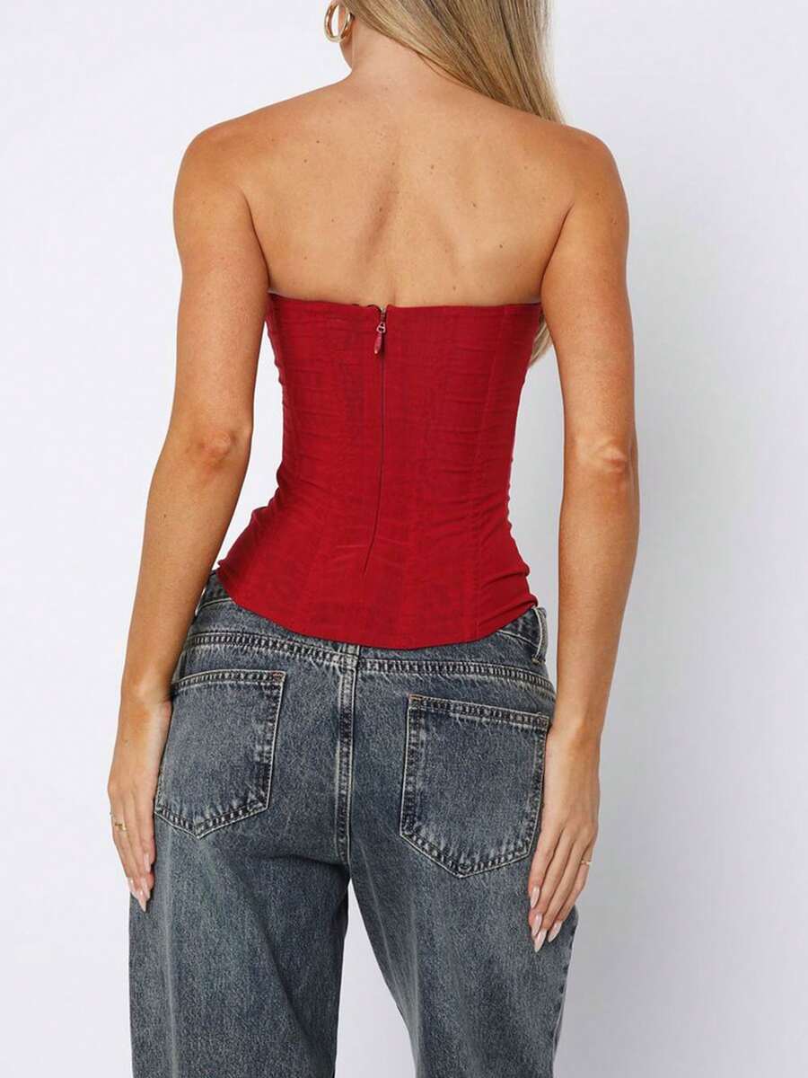 Women strapless bustier corset top with back zip, slim fit sleeveless plain design for night out and everyday styling.