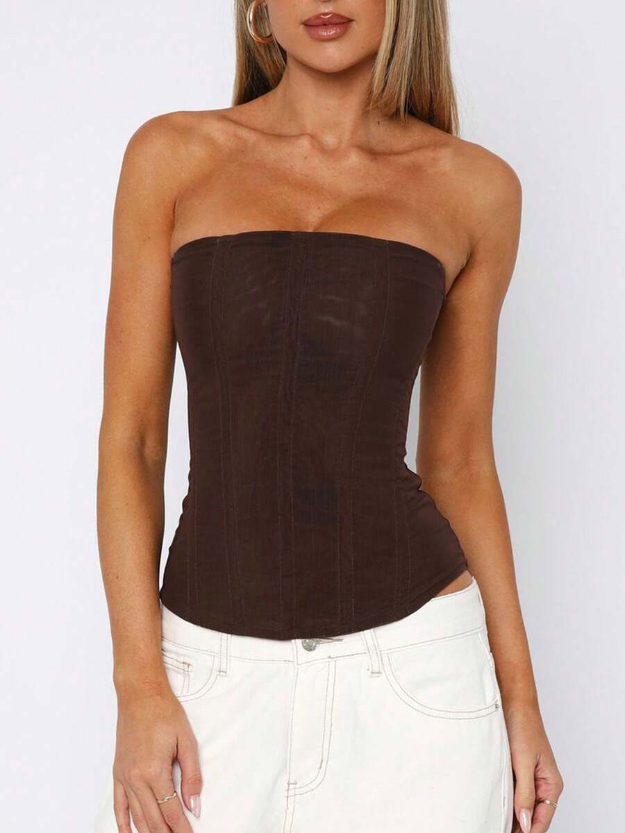 Women strapless bustier corset top with back zip, slim fit sleeveless plain design for night out and everyday styling.