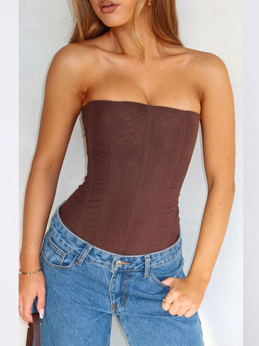 Women strapless bustier corset top with back zip, slim fit sleeveless plain design for night out and everyday styling.