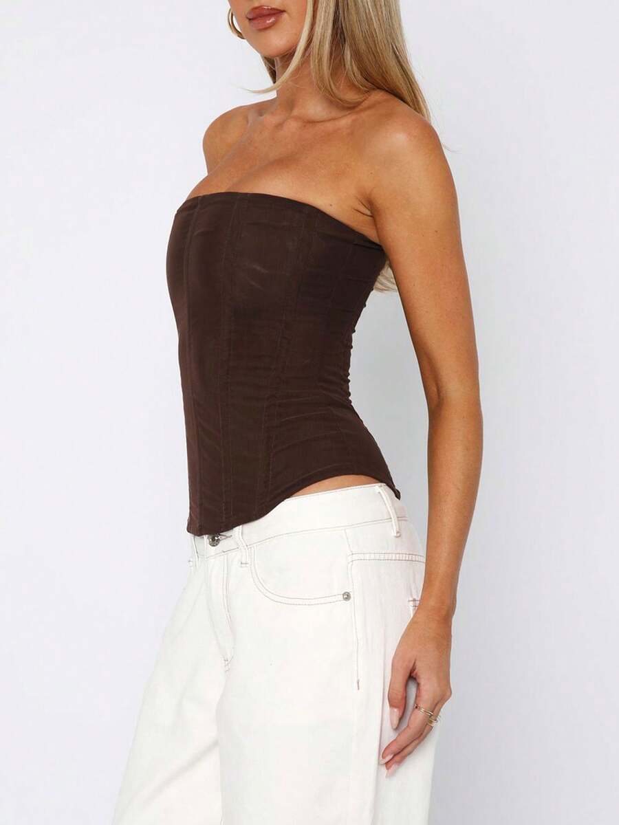 Women strapless bustier corset top with back zip, slim fit sleeveless plain design for night out and everyday styling.