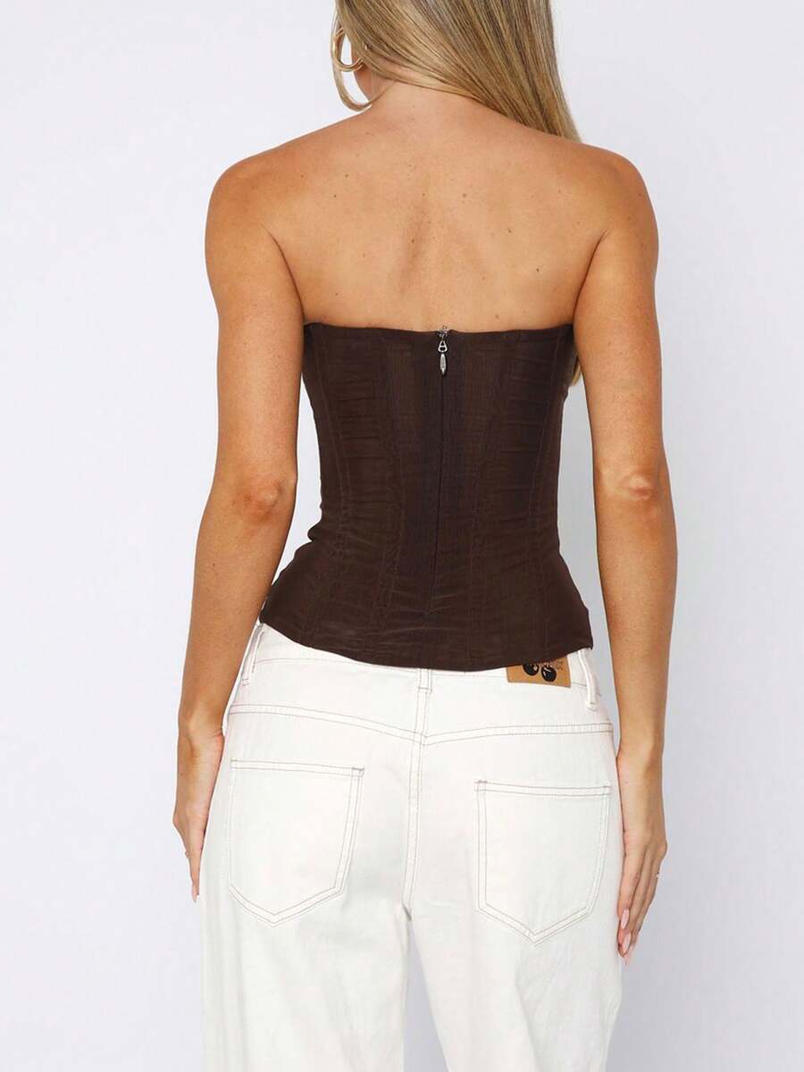 Women strapless bustier corset top with back zip, slim fit sleeveless plain design for night out and everyday styling.