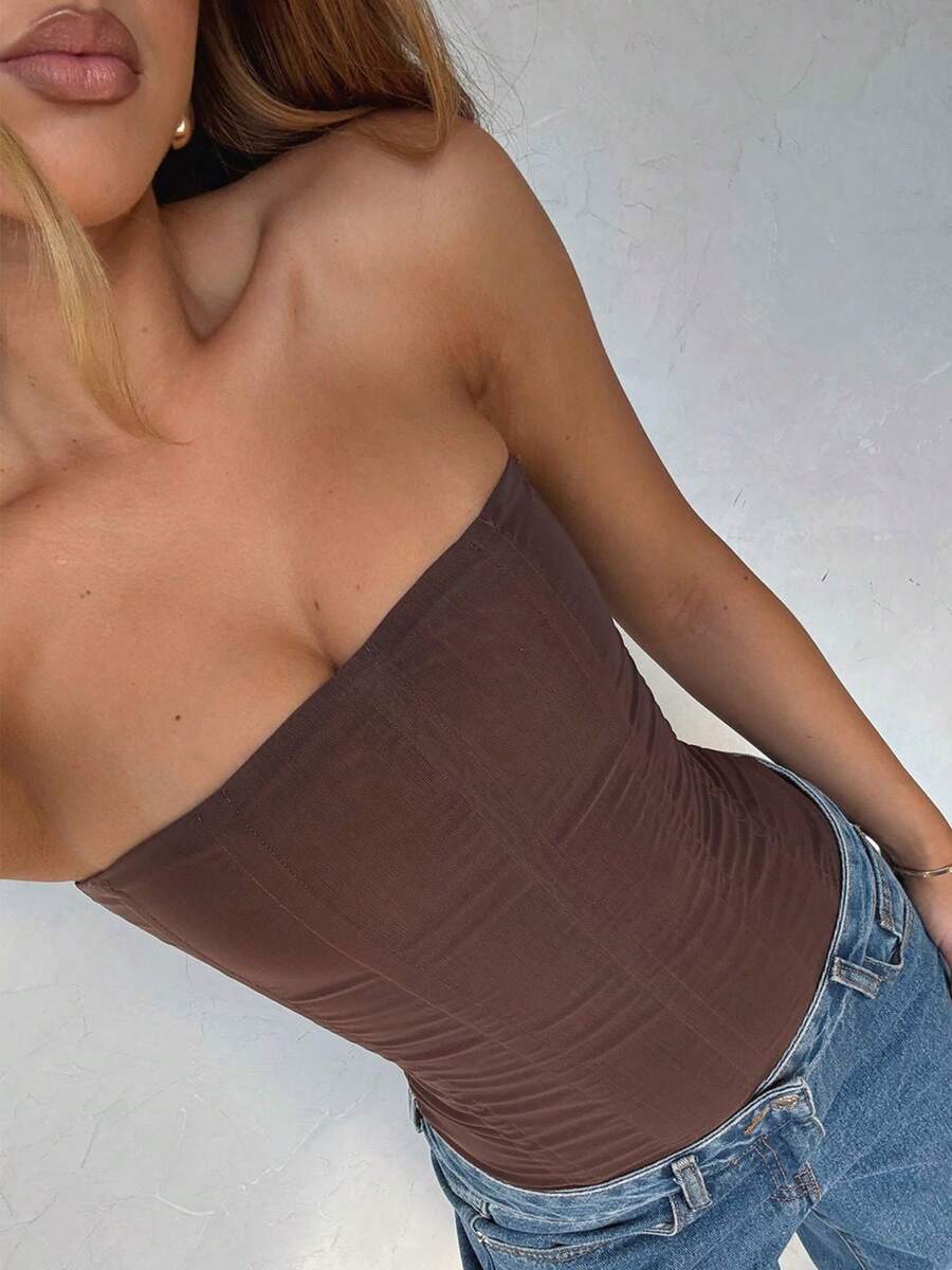 Women strapless bustier corset top with back zip, slim fit sleeveless plain design for night out and everyday styling.