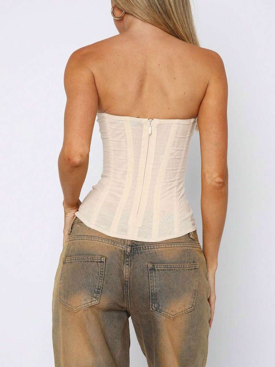 Women strapless bustier corset top with back zip, slim fit sleeveless plain design for night out and everyday styling.
