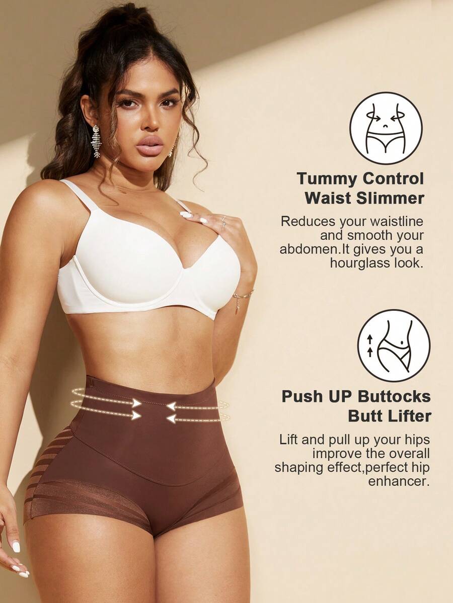 Black high waist shaping panties with striped mesh detailing and ultra light tummy control support for women.