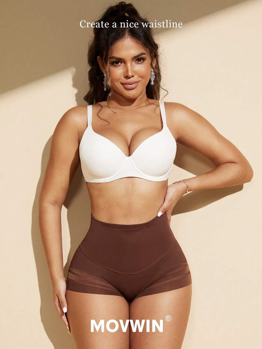 Black high waist shaping panties with striped mesh detailing and ultra light tummy control support for women.