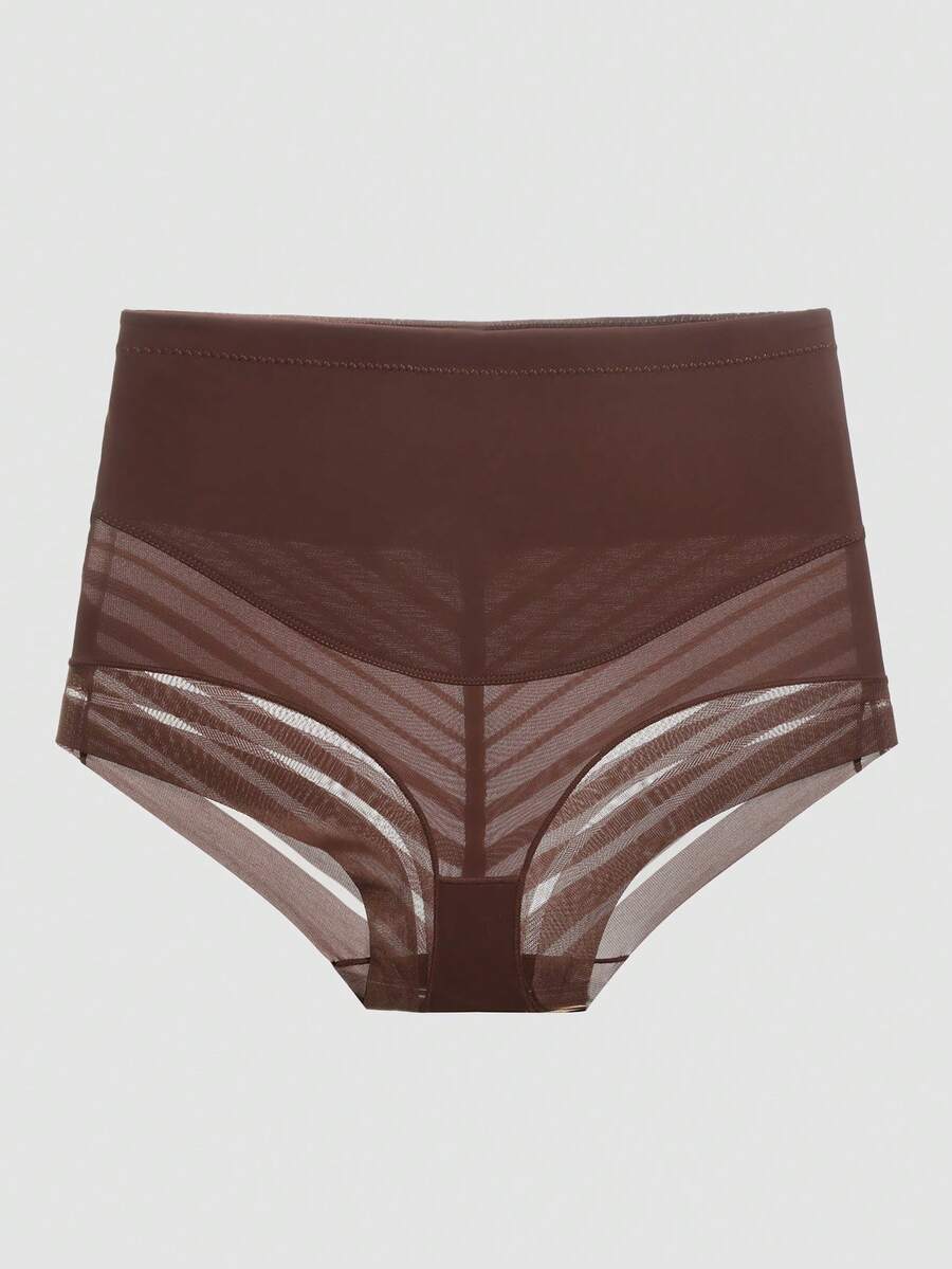 Black high waist shaping panties with striped mesh detailing and ultra light tummy control support for women.