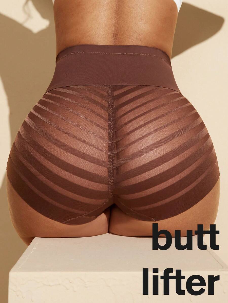 Black high waist shaping panties with striped mesh detailing and ultra light tummy control support for women.