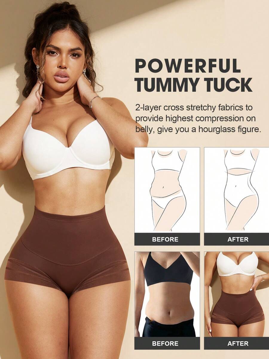 Black high waist shaping panties with striped mesh detailing and ultra light tummy control support for women.