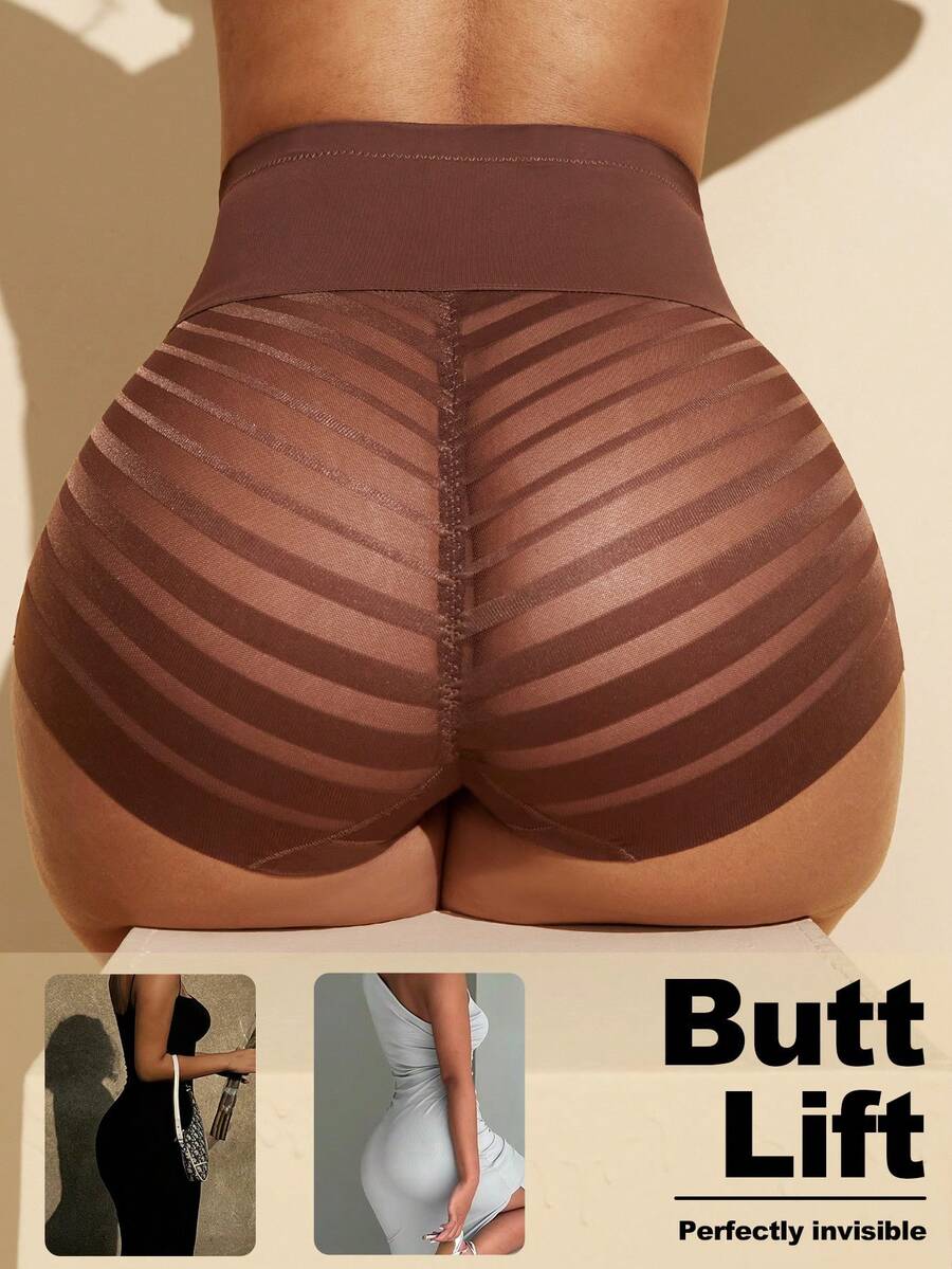 Black high waist shaping panties with striped mesh detailing and ultra light tummy control support for women.