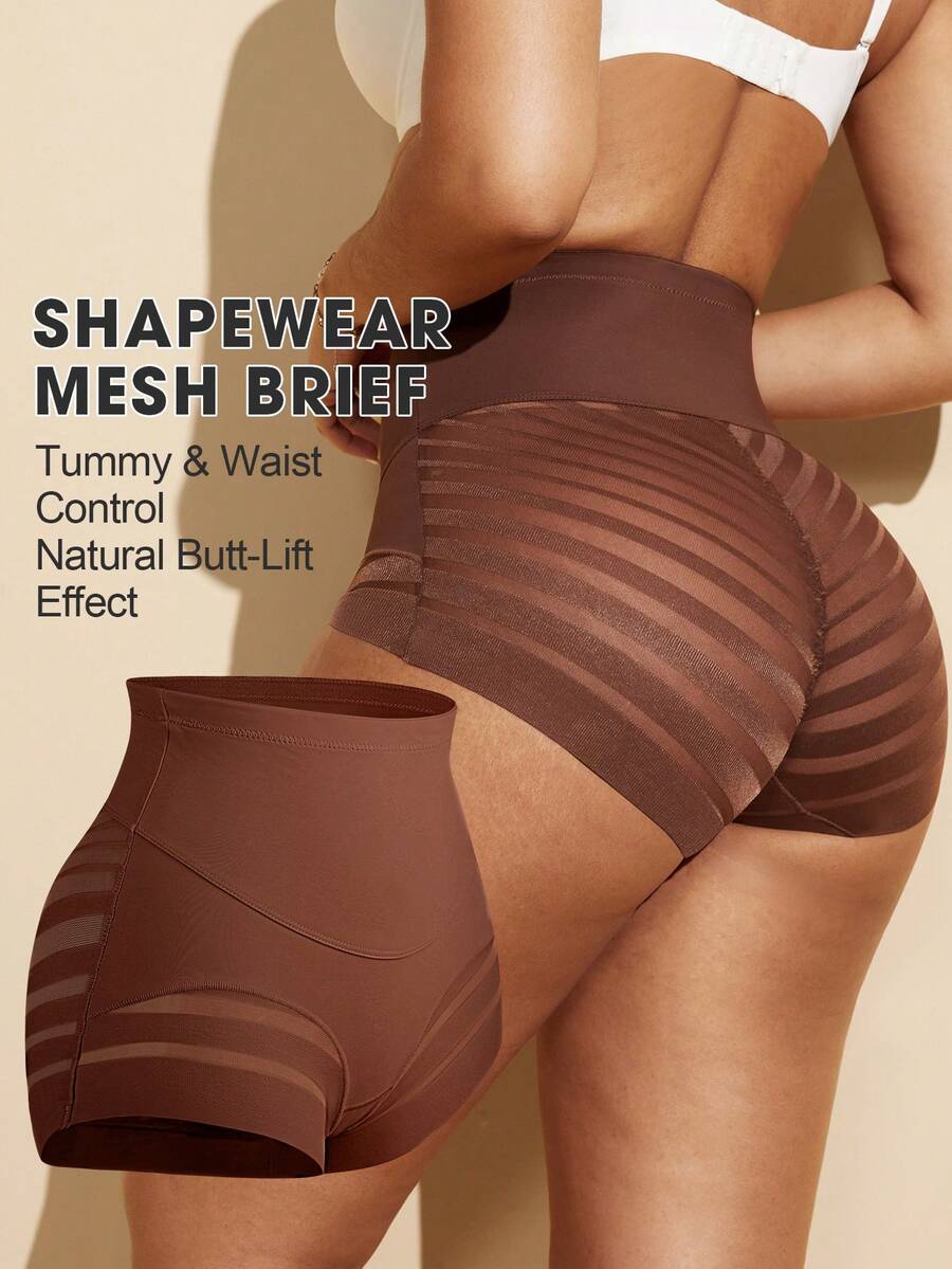 Black high waist shaping panties with striped mesh detailing and ultra light tummy control support for women.