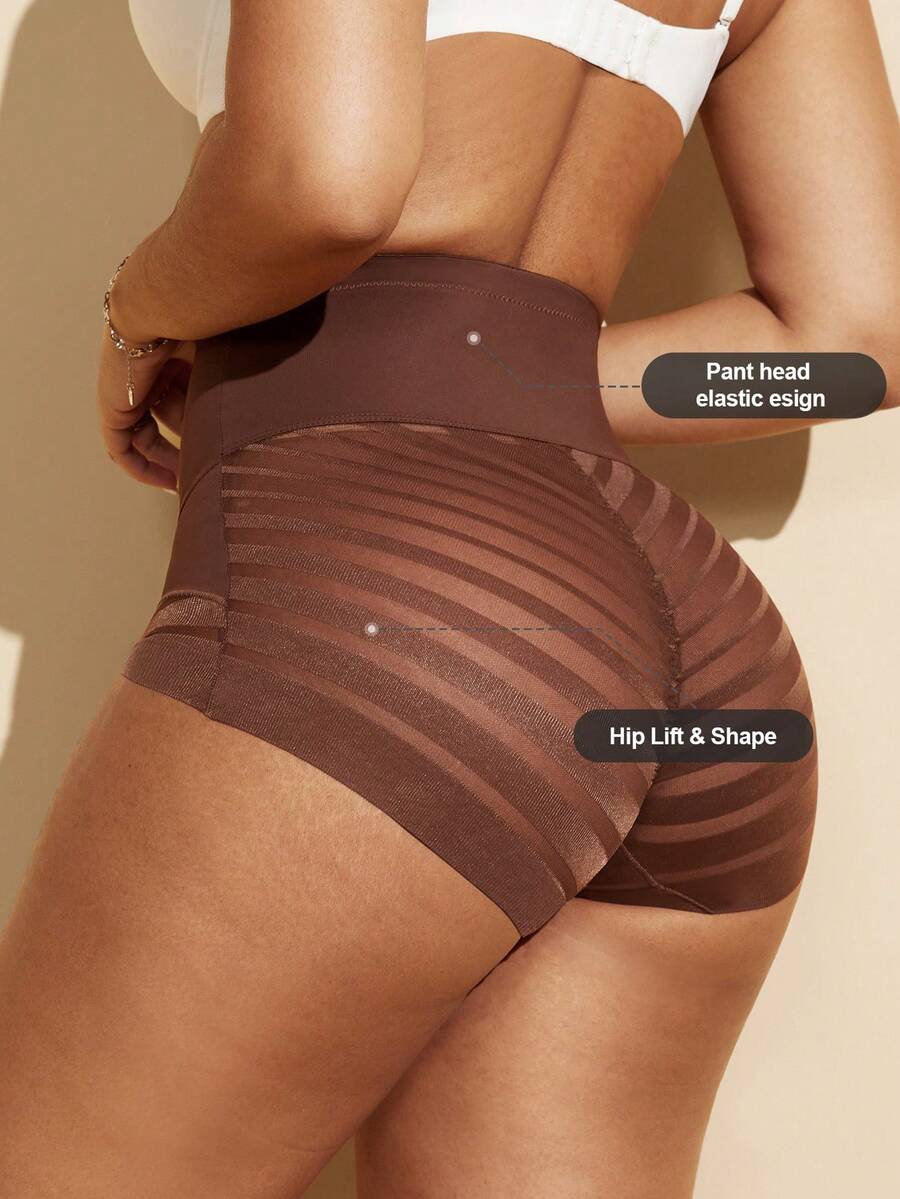 Black high waist shaping panties with striped mesh detailing and ultra light tummy control support for women.