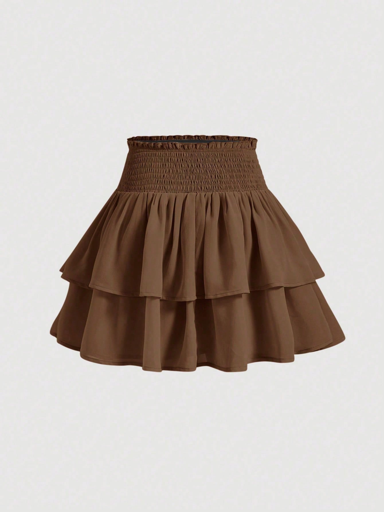 Women's high waist tiered ruffle layered mini skort in black featuring shirred details and ruffle hem.