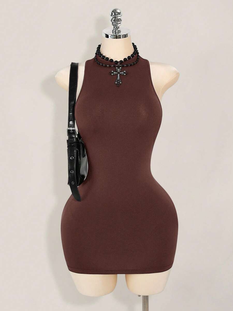 Apricot criss-cross backless bodycon mini dress for women featuring a round neck and rhinestone accent details.