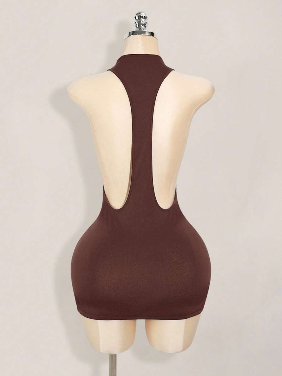 Apricot criss-cross backless bodycon mini dress for women featuring a round neck and rhinestone accent details.