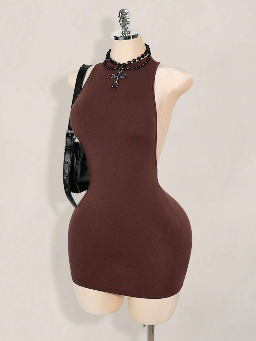 Apricot criss-cross backless bodycon mini dress for women featuring a round neck and rhinestone accent details.