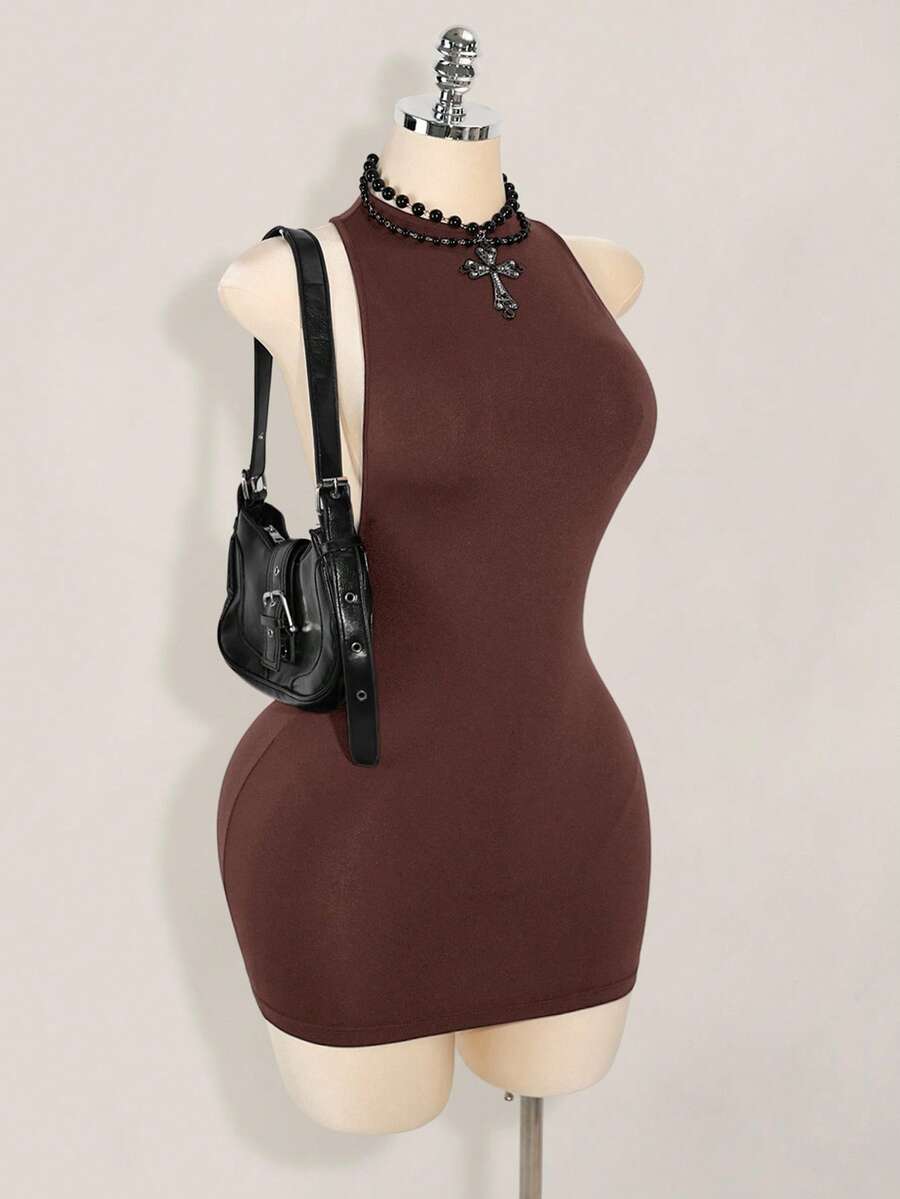 Apricot criss-cross backless bodycon mini dress for women featuring a round neck and rhinestone accent details.