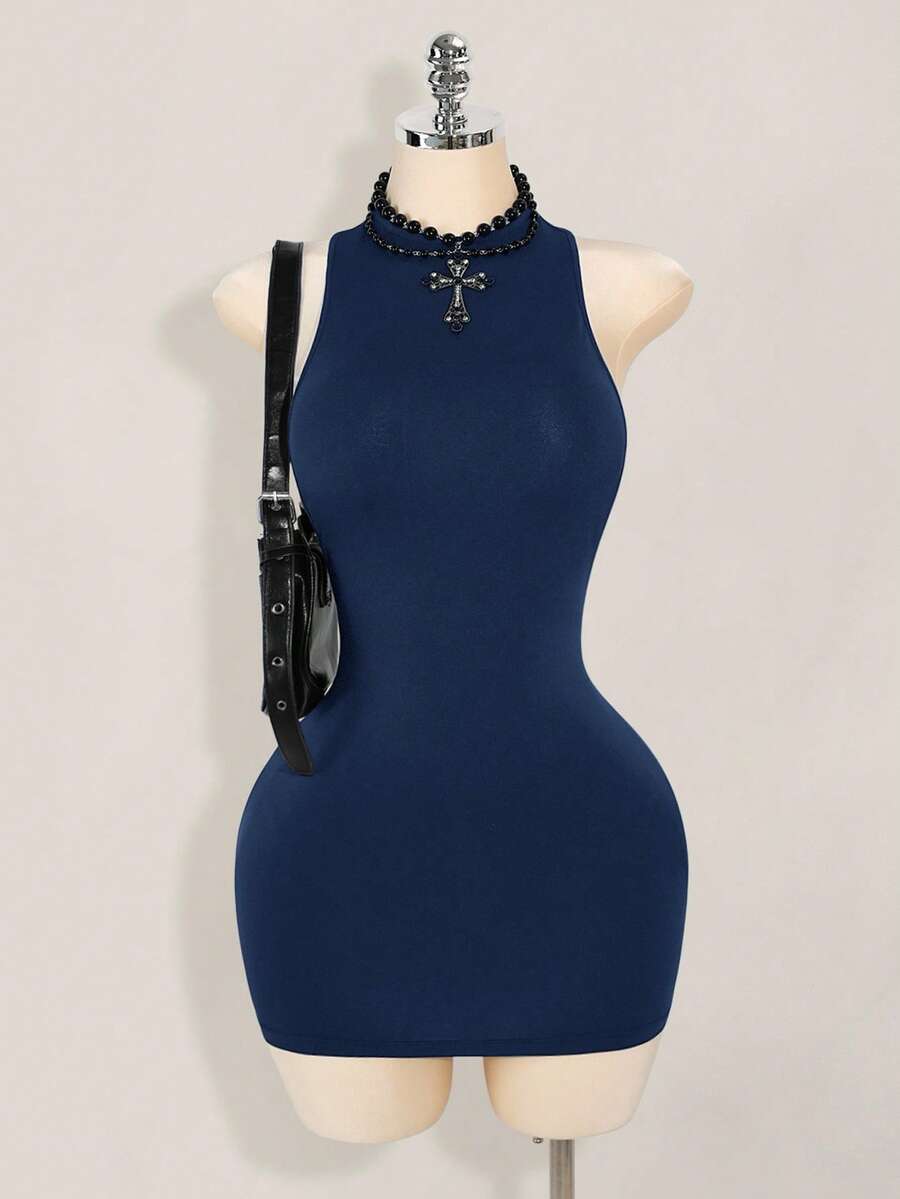 Apricot criss-cross backless bodycon mini dress for women featuring a round neck and rhinestone accent details.