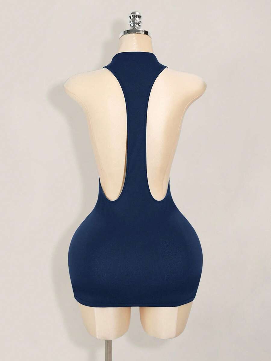 Apricot criss-cross backless bodycon mini dress for women featuring a round neck and rhinestone accent details.