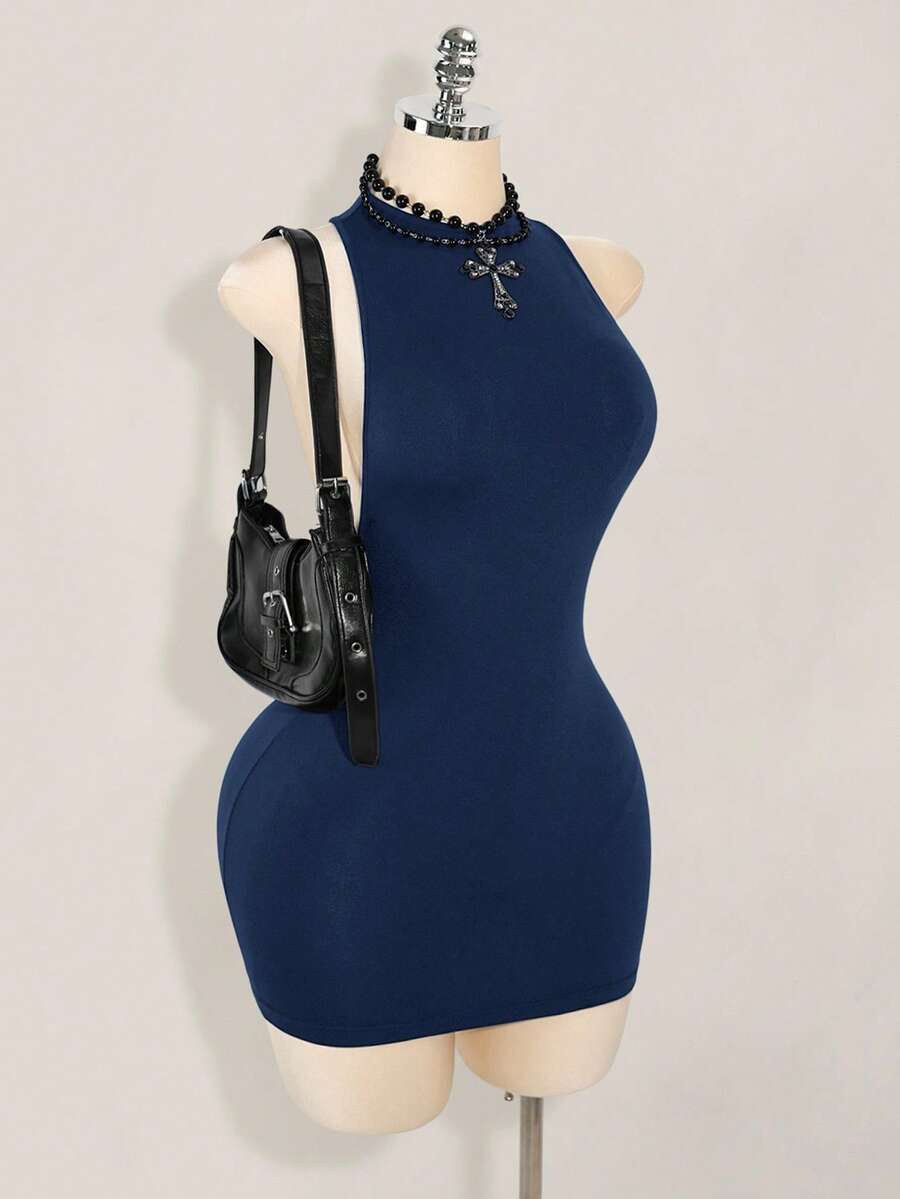 Apricot criss-cross backless bodycon mini dress for women featuring a round neck and rhinestone accent details.