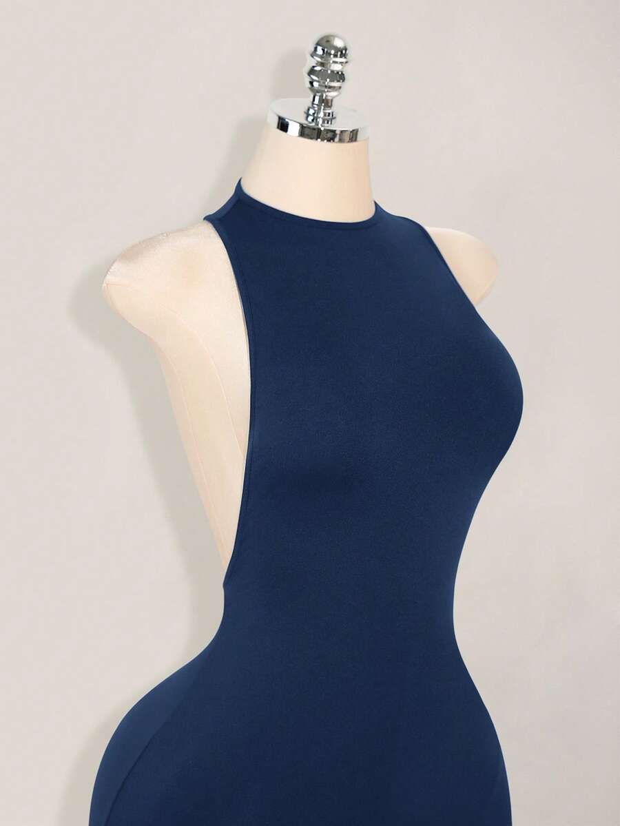 Apricot criss-cross backless bodycon mini dress for women featuring a round neck and rhinestone accent details.