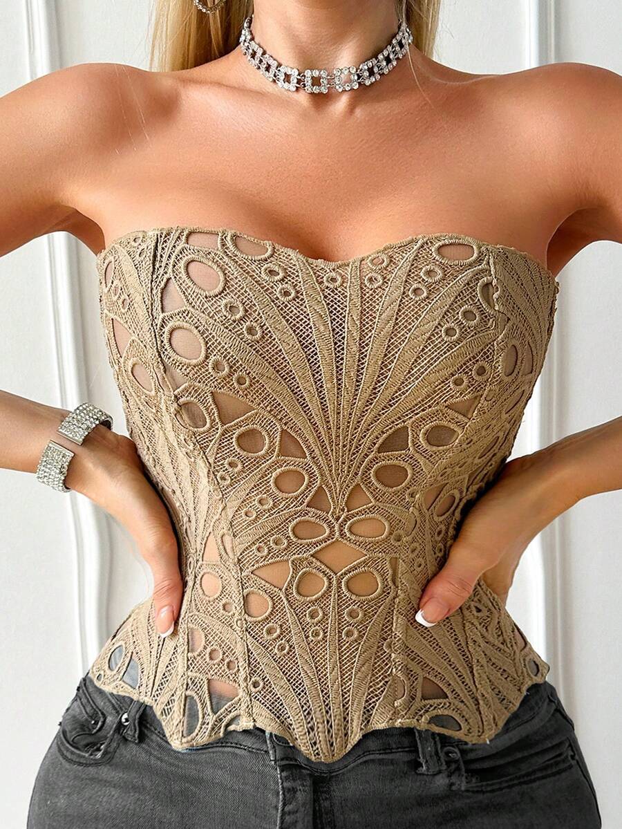 Black lace shaping camisole top with a tie-back detail and grommet eyelet accents, designed for women with slight stretch and ultra-light support.