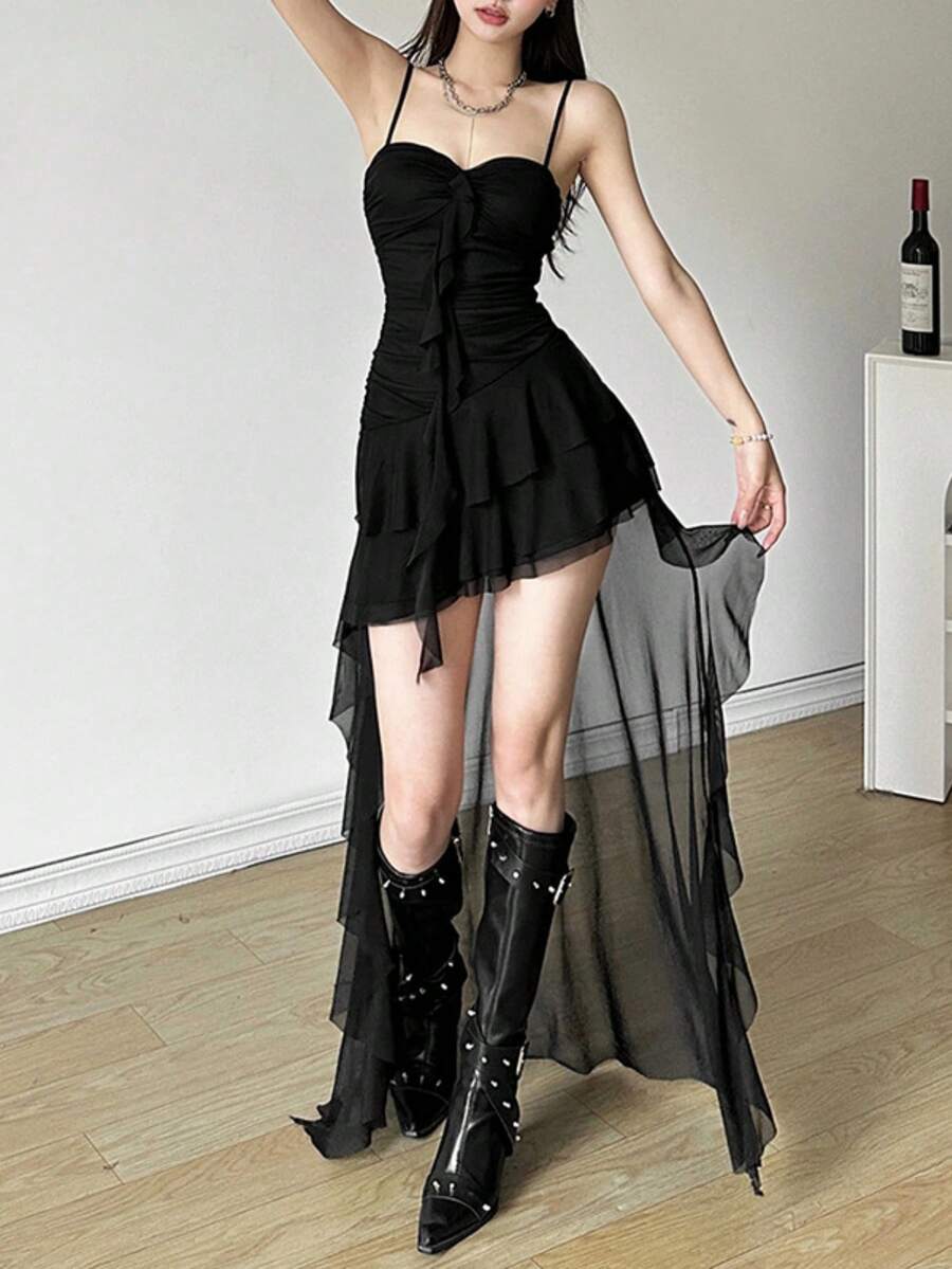 Women's white off shoulder asymmetrical camisole midi dress featuring a fitted high waist and sleeveless knitted design.
