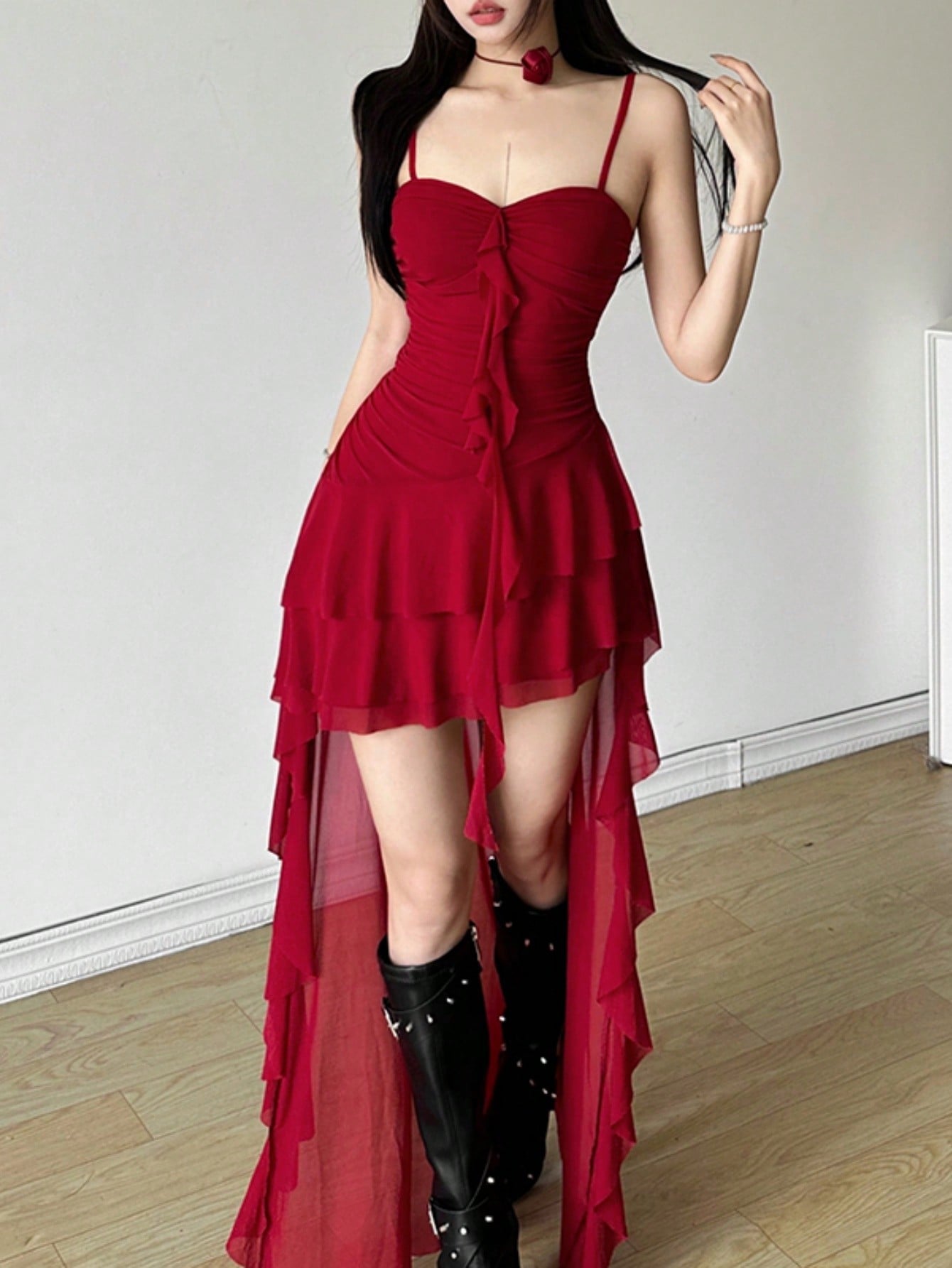Women's white off shoulder asymmetrical camisole midi dress featuring a fitted high waist and sleeveless knitted design.