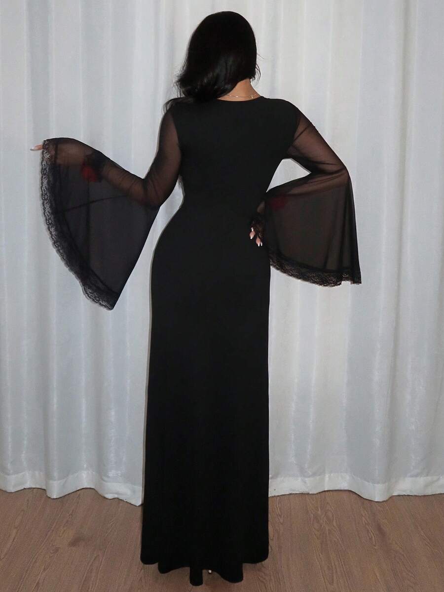 Women's slim-fit long goth dress in black featuring a deep V-neckline, extra-long flared sleeves, and a split thigh detail.